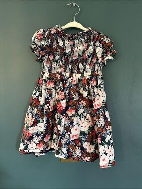 Janie and Jack Navy Floral Smocked Puff-Sleeve Dress with Pink & White Blooms